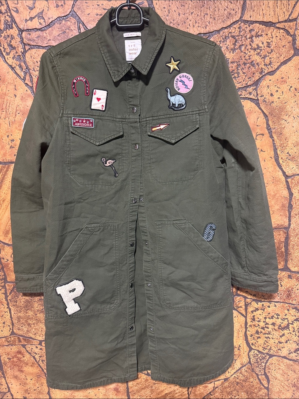 Women Olive Green Patchwork Utility Coat with  Patches Ptp 18.5” length 37”